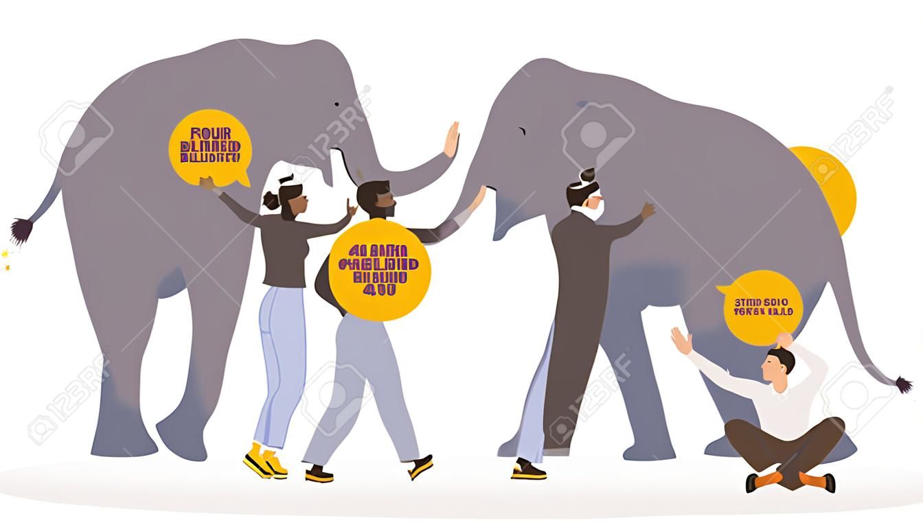 Four blindfolded male and female characters touching an elephant on white background