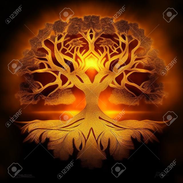 Árvore da Vida, Yggdrasil, detalhes intrincados, luz cinematográfica