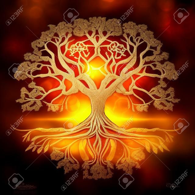 Drzewo życia, yggdrasil, zawiłe detale, kinowe światło