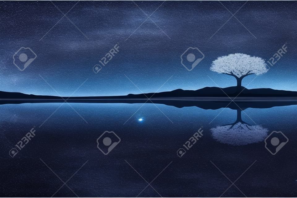 tree of life reminiscent of Yggdrasil reflected in an icy lake at night, dramatic starry sky in the background.Generative AI