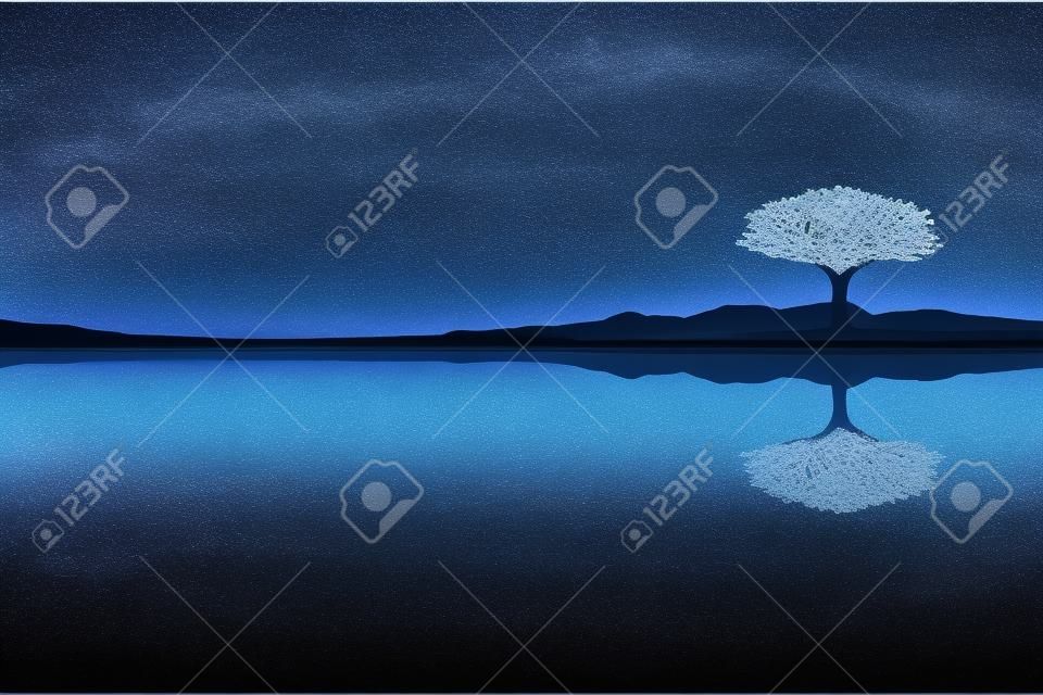 tree of life reminiscent of Yggdrasil reflected in an icy lake at night, dramatic starry sky in the background.Generative AI