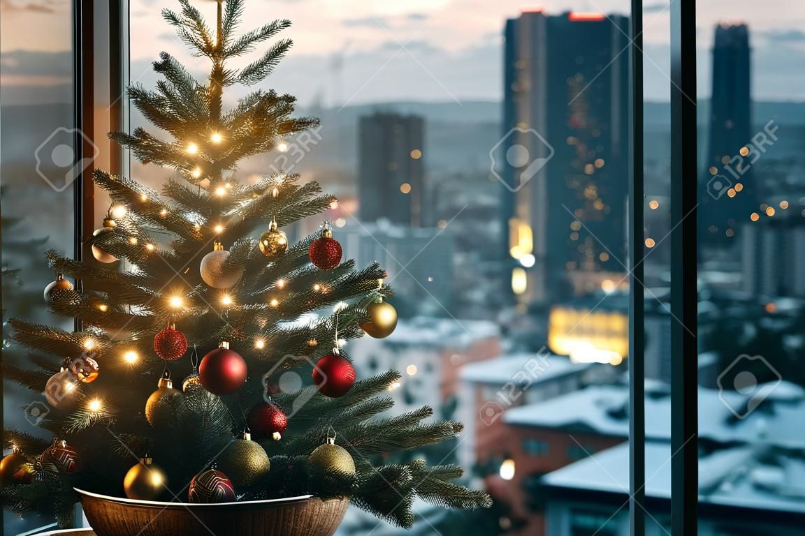 Christmas tree nearby the apartment glass window overlooking city view Generative Ai