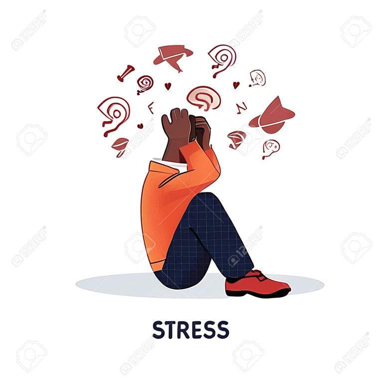 Stressed out adult man cartoon character holding his head, flat vector illustration isolated on white background. Human mental health and stress disorder.
