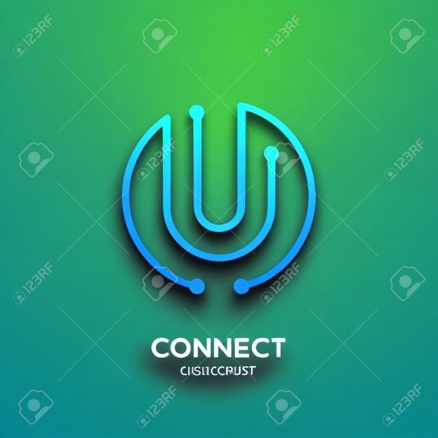 Logo della lettera U, simbolo della forma del cerchio, colore verde e blu, tecnologia e collegamento digitale astratto del punto
