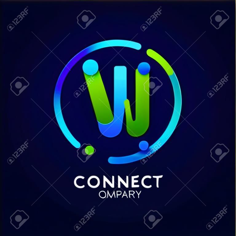 Letter W logo, Circle shape symbol, green and blue color, Technology and digital abstract dot connection