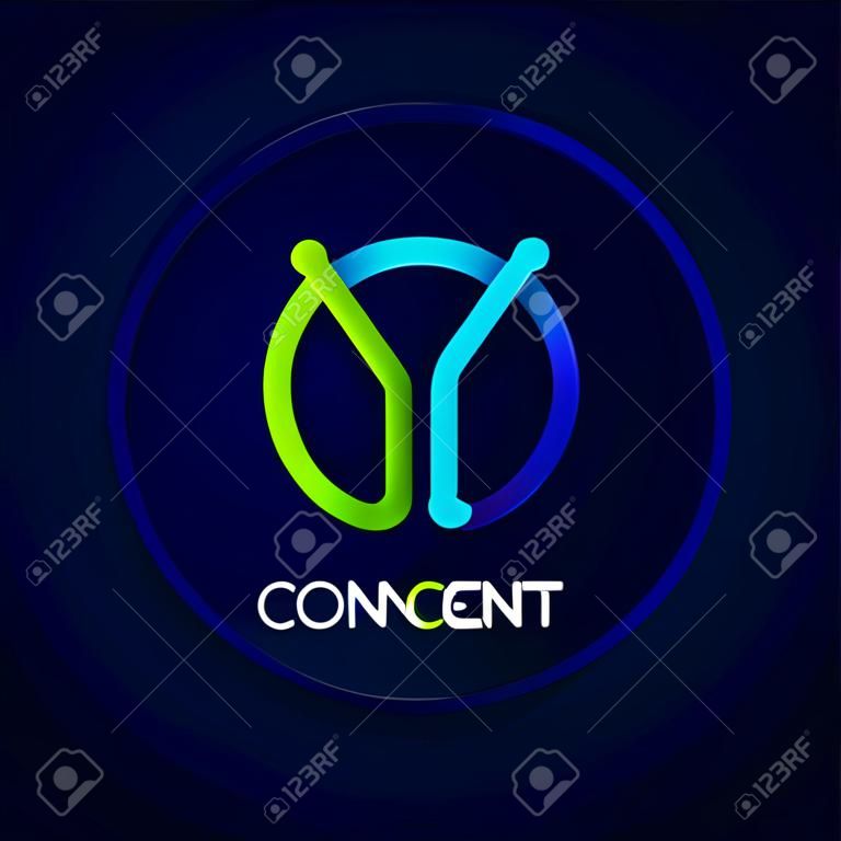 Logo lettera Y, simbolo forma cerchio, colore verde e blu, tecnologia e collegamento digitale astratto