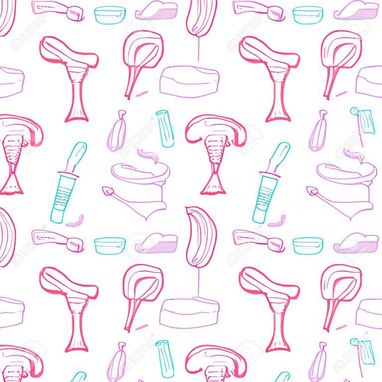 Feminine hygiene sketch. Seamless pattern with hand-drawn cartoon icons - pad, tampon, menstruation cup and womb or uterus. Doodle drawing. Vector illustration - swatch inside