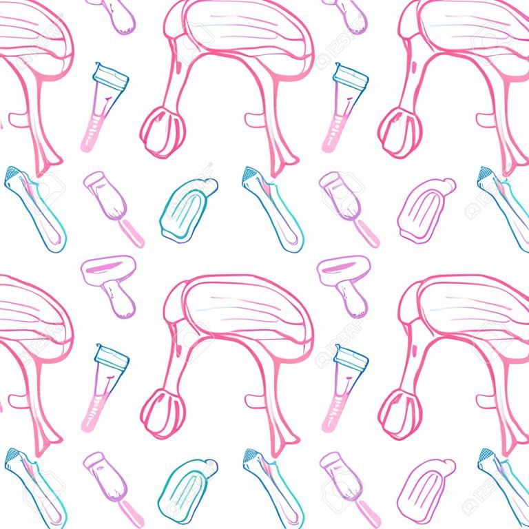 Damenhygiene Skizze. Nahtlose Muster mit handgezeichneten Cartoon-Symbole - Pad, Tampons, Menstruationsbecher und Gebärmutter oder der Gebärmutter. Doodle Zeichnung. Vektor-Illustration - Swatch innen