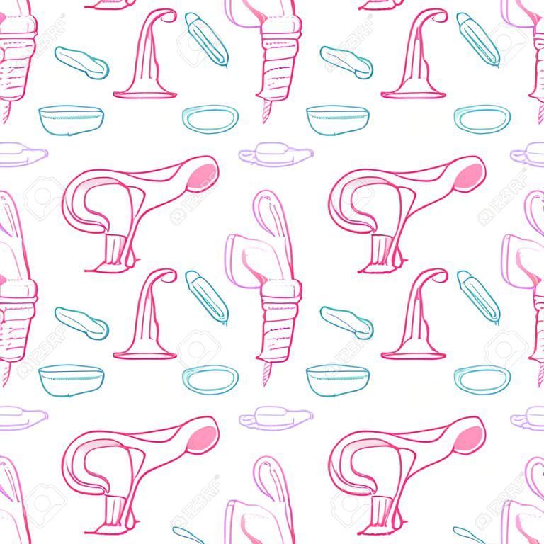 Feminine hygiene sketch. Seamless pattern with hand-drawn cartoon icons - pad, tampon, menstruation cup and womb or uterus. Doodle drawing. Vector illustration - swatch inside