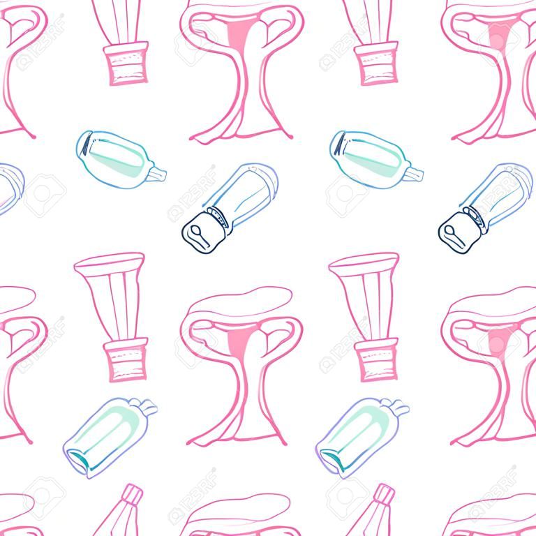 Damenhygiene Skizze. Nahtlose Muster mit handgezeichneten Cartoon-Symbole - Pad, Tampons, Menstruationsbecher und Gebärmutter oder der Gebärmutter. Doodle Zeichnung. Vektor-Illustration - Swatch innen