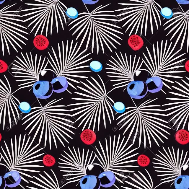 Acai berries pattern, Flat design of superfood or healthy eating wallpaper isolated on the dark , cute illustration with reflections