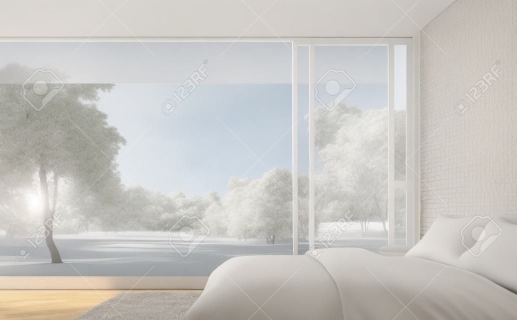 Minimal style bedroom with nature view 3d render.The pure white room decorate with white fabric bed,There are large open sliding doors, Overlooks wooden terrace and big garden.