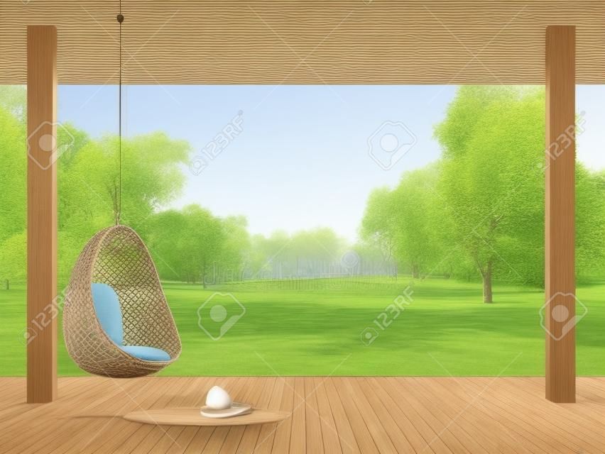 Terraço de madeira com vista para o jardim da manhã 3d render, há piso de madeira, decorate com cadeirinha em forma de ovo rattan, com vista para o grande gramado.