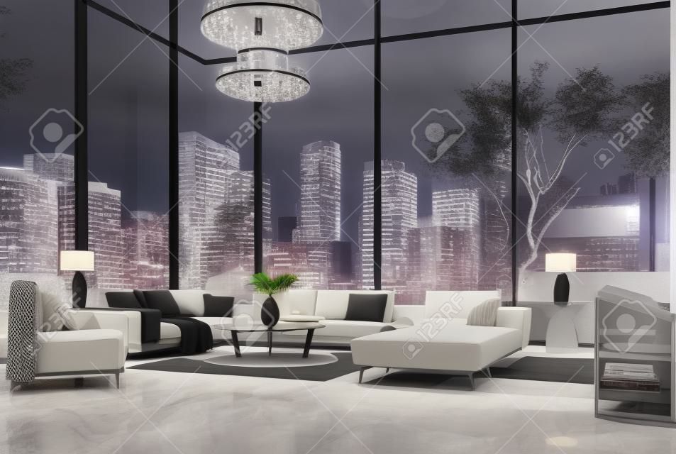 Scena nocna nowoczesny salon z widokiem metropolii w tle renderowania 3d, pokoje mają podłogi z białego marmuru, udekorowane meblami z szarej tkaniny