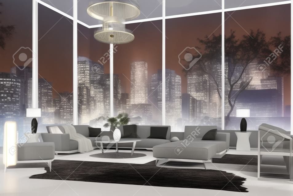 Scena nocna nowoczesny salon z widokiem metropolii w tle renderowania 3d, pokoje mają podłogi z białego marmuru, udekorowane meblami z szarej tkaniny