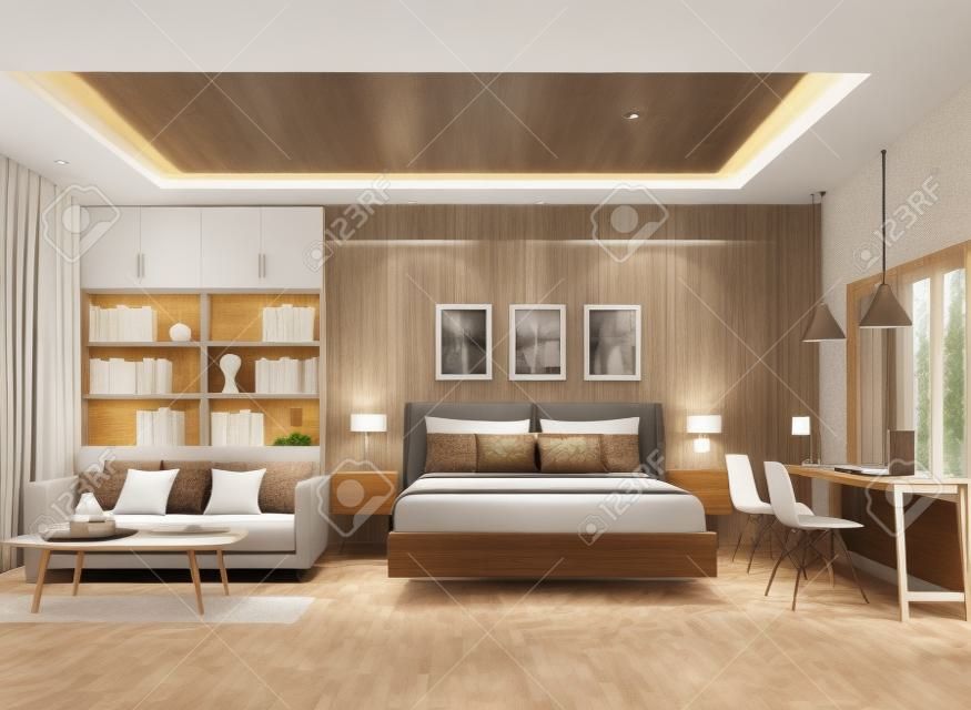 Idea de decoración de dormitorio de diseño moderno render 3d las habitaciones tienen suelos de madera, decoradas con muebles de tela marrón con vistas a la naturaleza