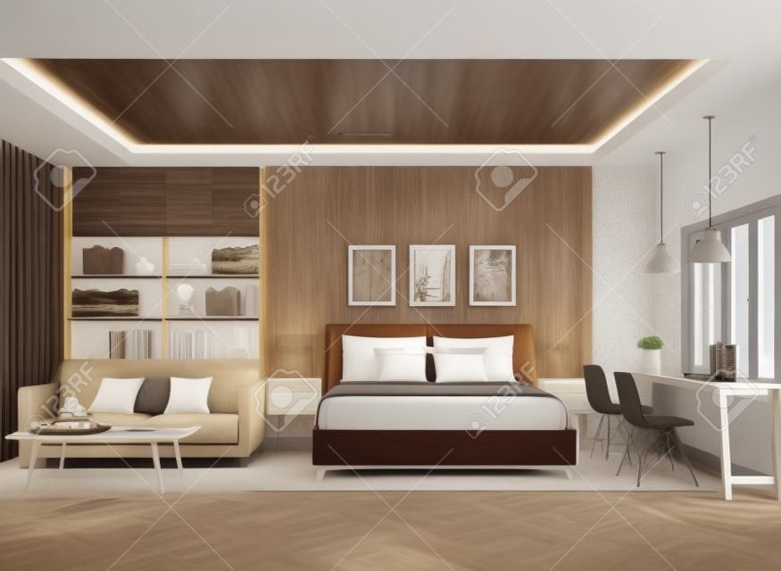 Idea di decorazione della camera da letto dal design moderno 3d rendering le camere hanno pavimenti in legno, decorate con mobili in tessuto marrone con vista sulla natura