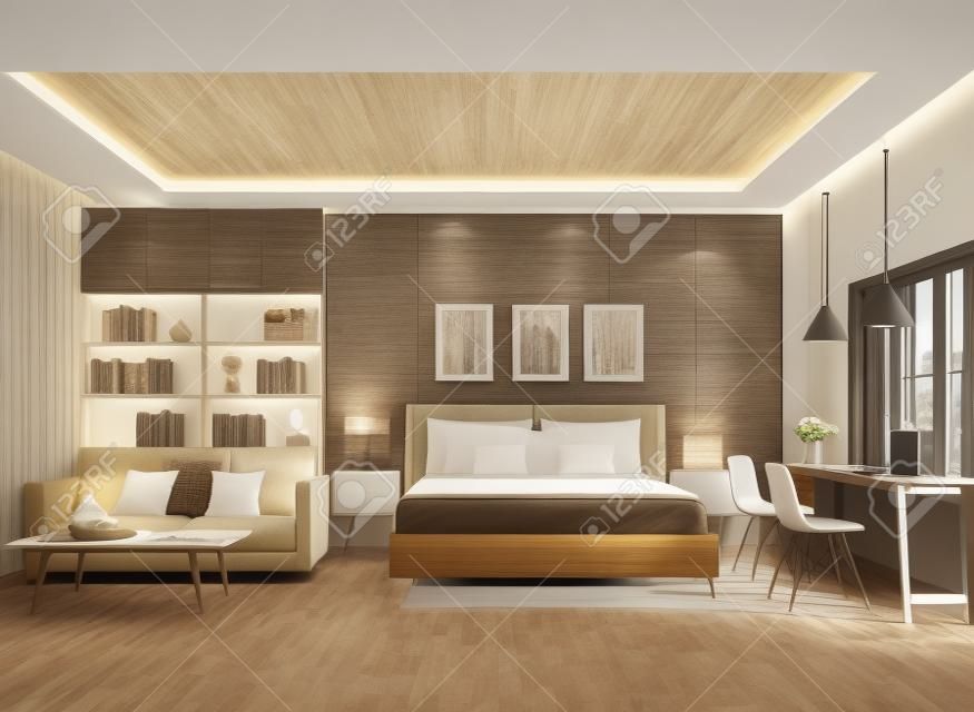 Idea di decorazione della camera da letto dal design moderno 3d rendering le camere hanno pavimenti in legno, decorate con mobili in tessuto marrone con vista sulla natura