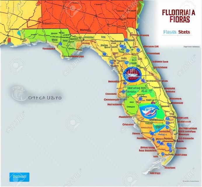 Carte modifiable détaillée de l'état de la Floride avec les villes et villages, les sites géographiques, les routes, les chemins de fer, les autoroutes et les autoroutes américaines.