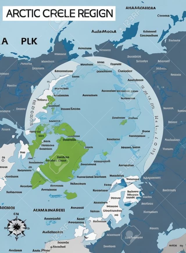 Mappa modificabile dettagliata della regione del circolo polare artico con regioni città e paesi, siti geografici.