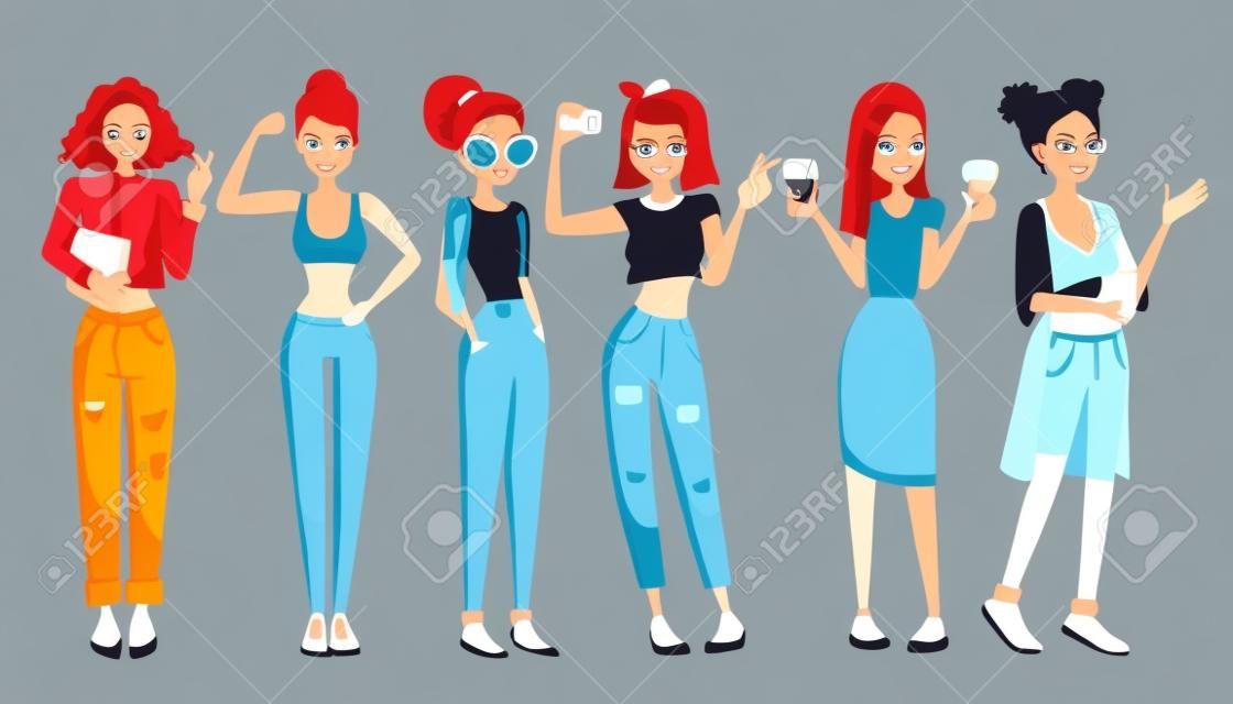 矢量人物插圖與六個美麗的女人：學生女孩，健身女孩，學校女孩，自拍女孩，辦公室女孩和家庭主婦。彩色矢量人集集合