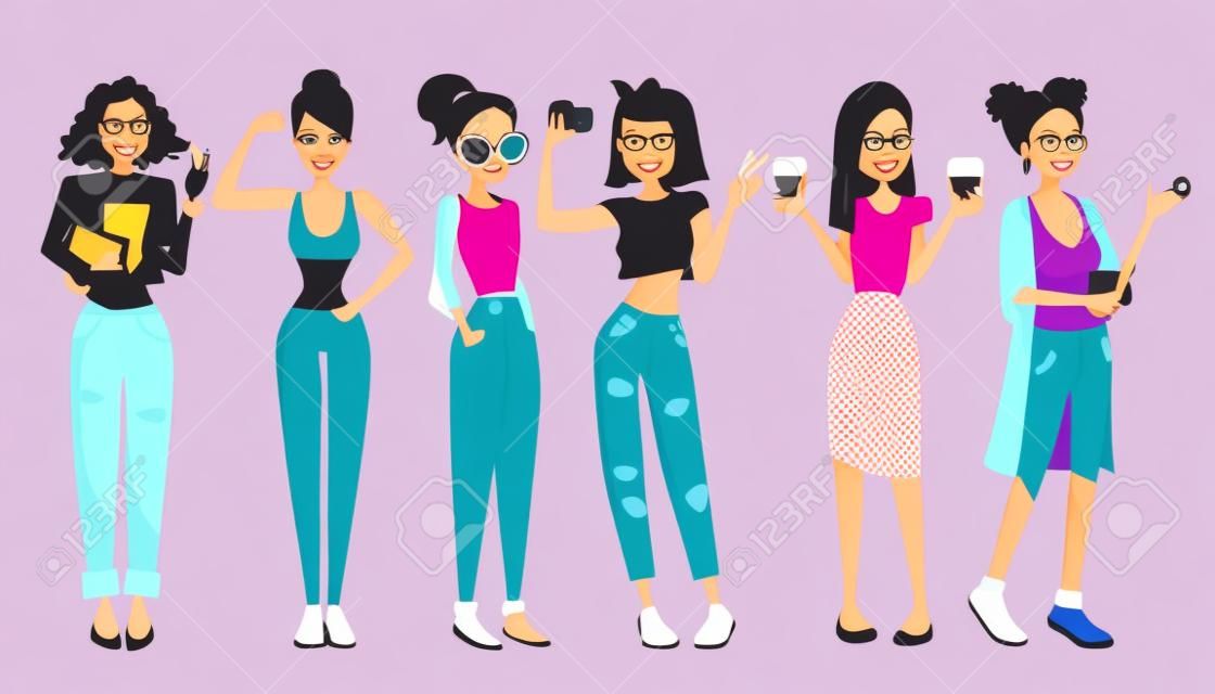 矢量人物插圖與六個美麗的女人：學生女孩，健身女孩，學校女孩，自拍女孩，辦公室女孩和家庭主婦。彩色矢量人集集合