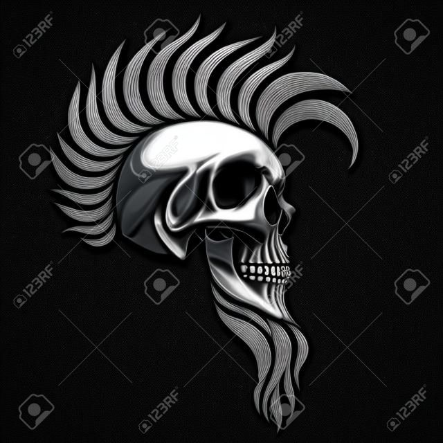 Human skull on a black background. Punk with a Mohawk and a beard of a variety of patterns