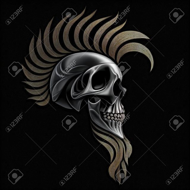 黒の背景に人間の頭蓋骨。モヒカンとさまざまなパターンのビアード パンク