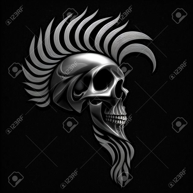 黒の背景に人間の頭蓋骨。モヒカンとさまざまなパターンのビアード パンク