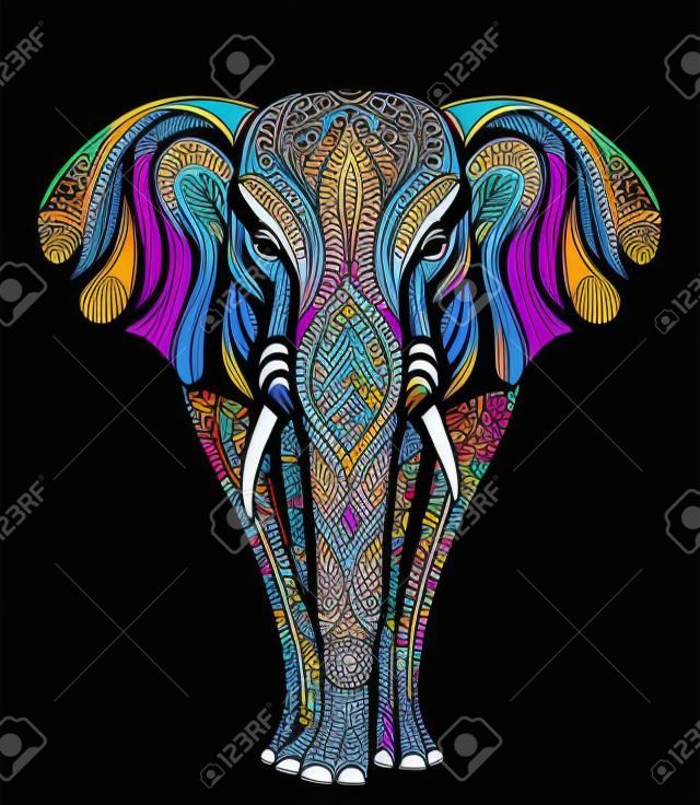 Colorful elephant of patterns on a black background