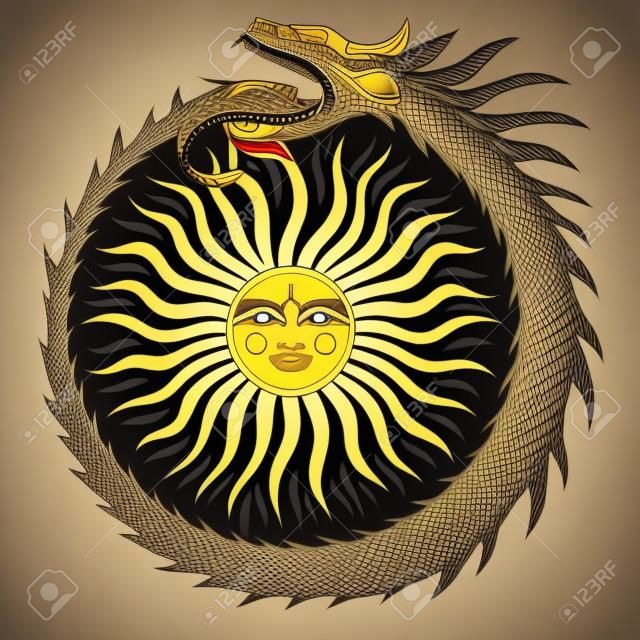 Uroboros. Symbolika starożytnego Egiptu. Wąż w pierścieniu gryzący ogon z wizerunkiem słońca w środku. Ilustracja wektorowa na czarnym tle