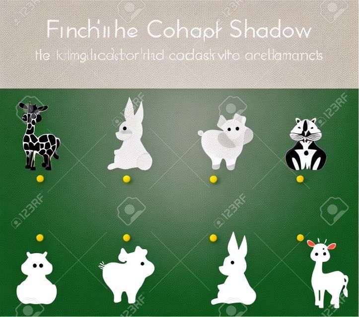 Animals and their shapes shadow matching game vector illustration. Kindergarten worksheets. Shadow matching game, activity page for kids. Education learning children puzzle.