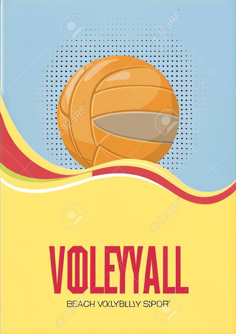 ビーチバレースポーツポスターベクトルイラスト。夏のプレイビーチボレーチームコンペティション招待状。