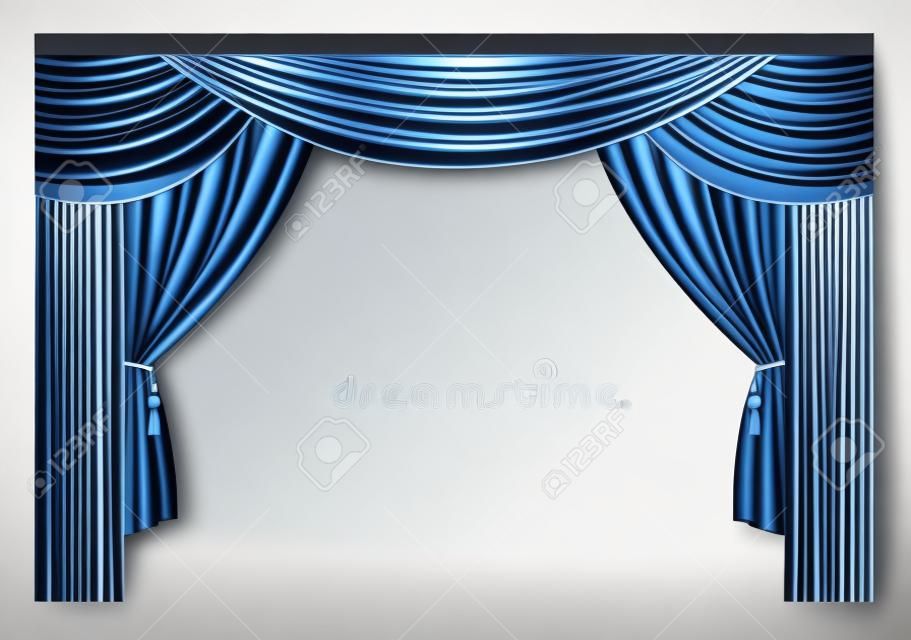Blue luxury curtains and draperies on white background, realistic vector illustration