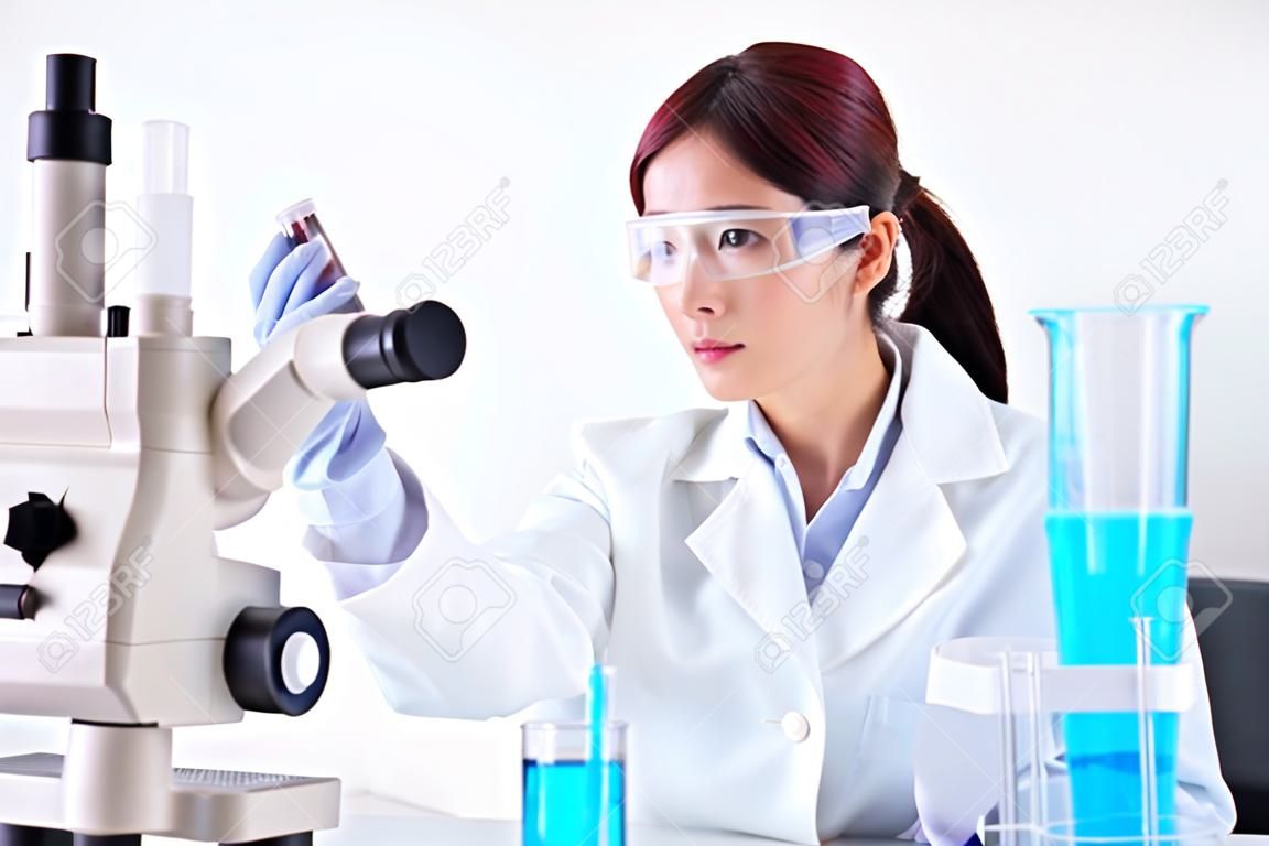 женщина-ученый берет пробирку в лаборатории