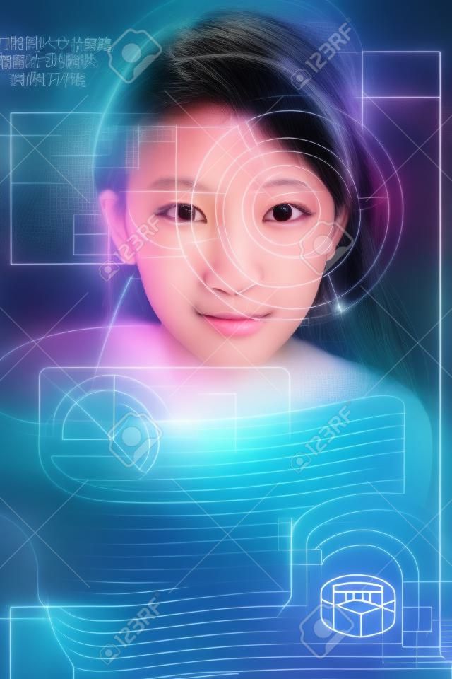 conceito de reconhecimento facial - menina asiática usar acesso biométrico por smartphone