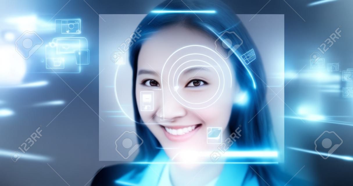 Facial Recognition System concept-Futuristic and Technological Scanning of asian business woman smile to you in the office