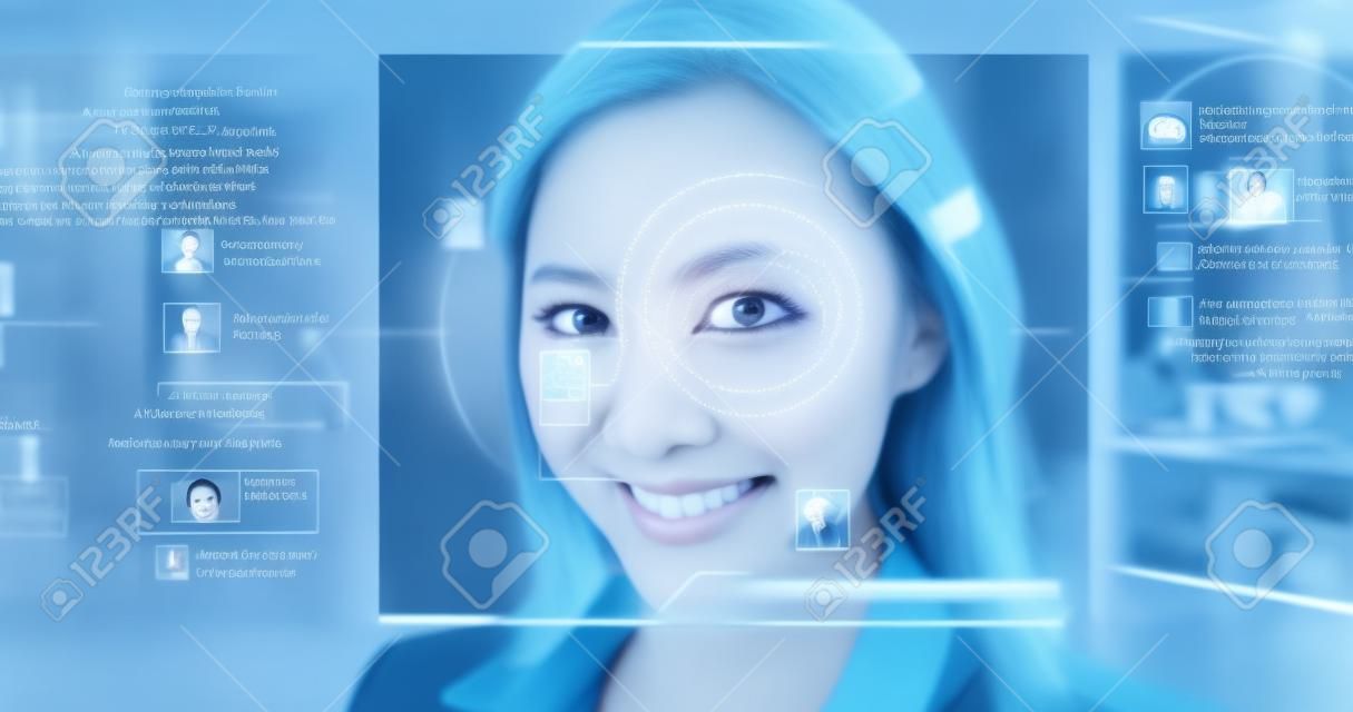 Facial Recognition System concept-Futuristic and Technological Scanning of asian business woman smile to you in the office
