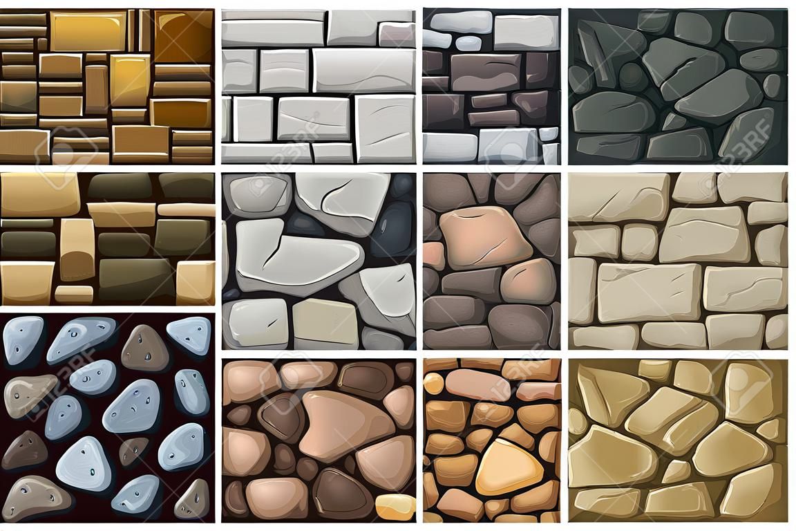 Set of seamless pattern with decorative stones. Vector stone wall.