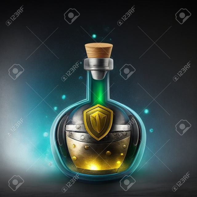 Bottle of magic elixir with shield