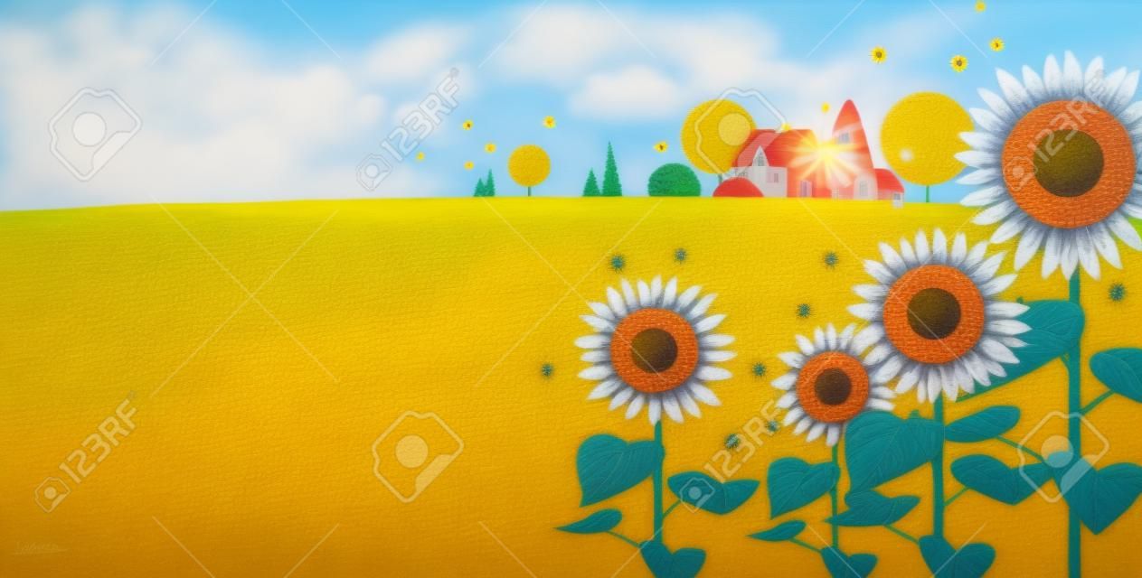 Midsummer landscape with blooming sunflowers