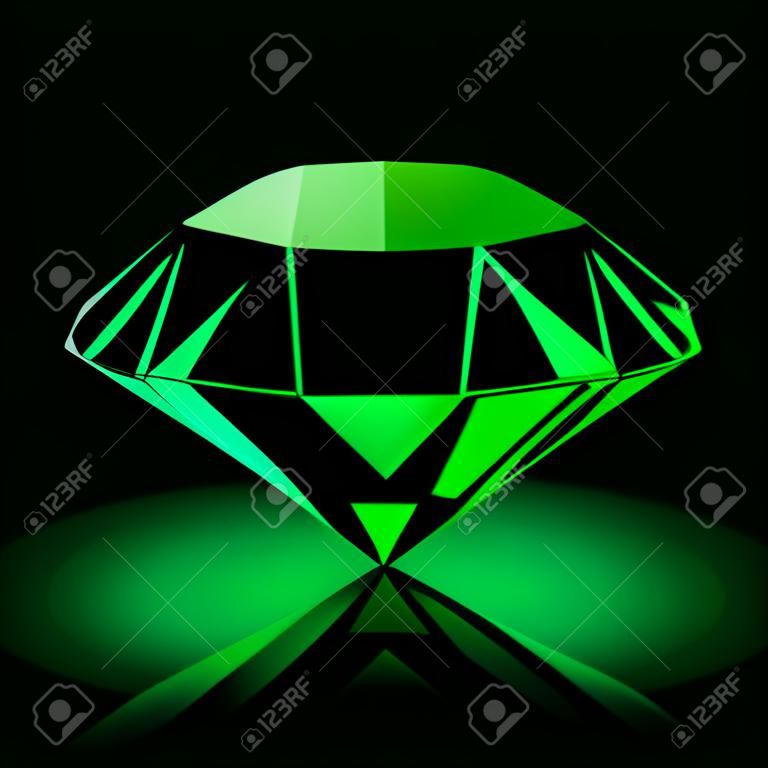 Realistische glanzende groene smaragdjuweel met reflectie en groene gloed geïsoleerd op zwarte achtergrond. Kleurrijke edelsteen die kan worden gebruikt als onderdeel van het icoon, webdecor of ander ontwerp.