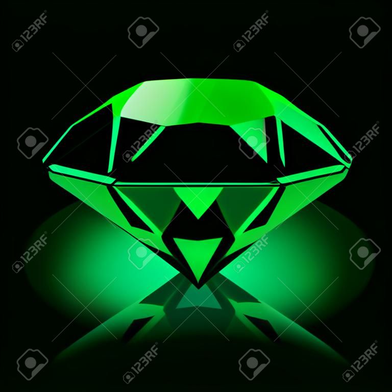 Realistic shining green emerald jewel with reflection and green glow isolated on black background. Colorful gemstone that can be used as part of icon, web decor or other design.