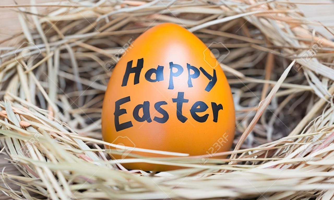 uova marrone con le parole di Pasqua felici al fieno nido in allevamento di polli