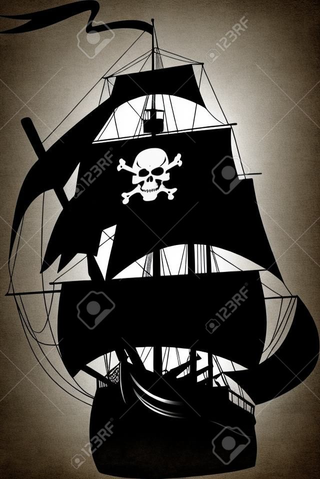 silhouette of a pirate ship with the image of a skeleton on the sail; 