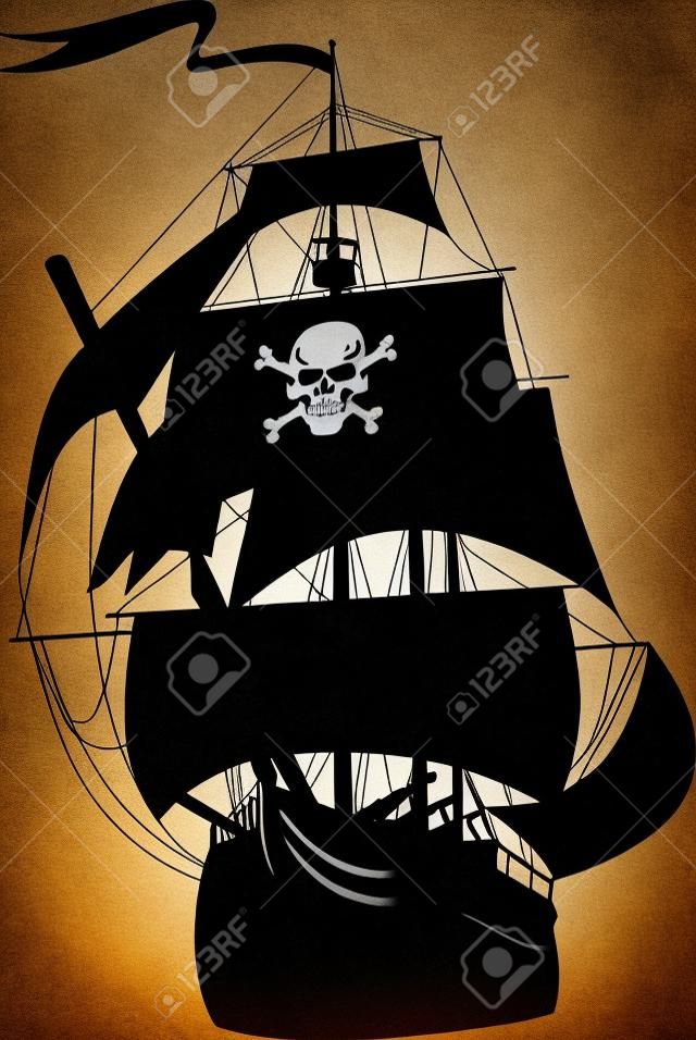 silhouette of a pirate ship with the image of a skeleton on the sail; 