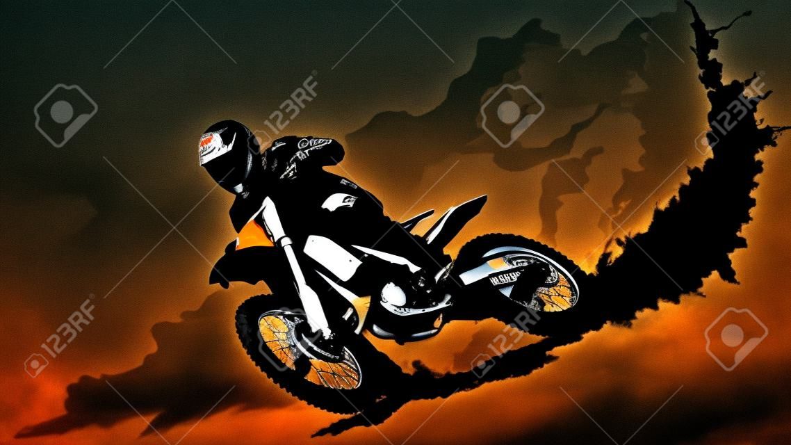 Силуэт мотоцикла гонщик совершает прыжок в высоту