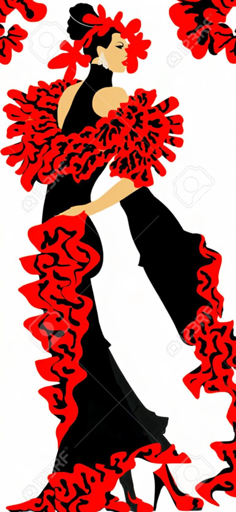 Tänzerin im schwarzen Kleid tanzt Flamenco (Illustration);