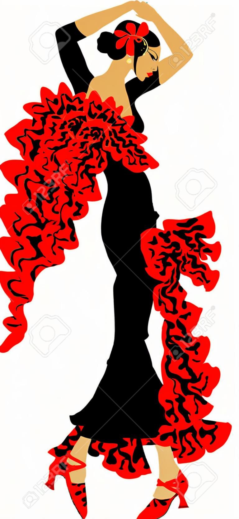 danser in zwarte jurk dansend flamenco (illustratie);