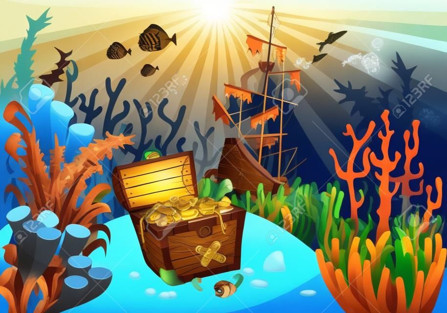 huge treasure chest on the bottom of the sea, vector